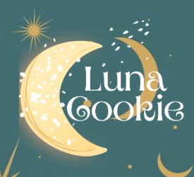 logo Luna Cookie Logo de "Luna Cookie" avec un croissant illuminé et des étoiles sur fond vert.